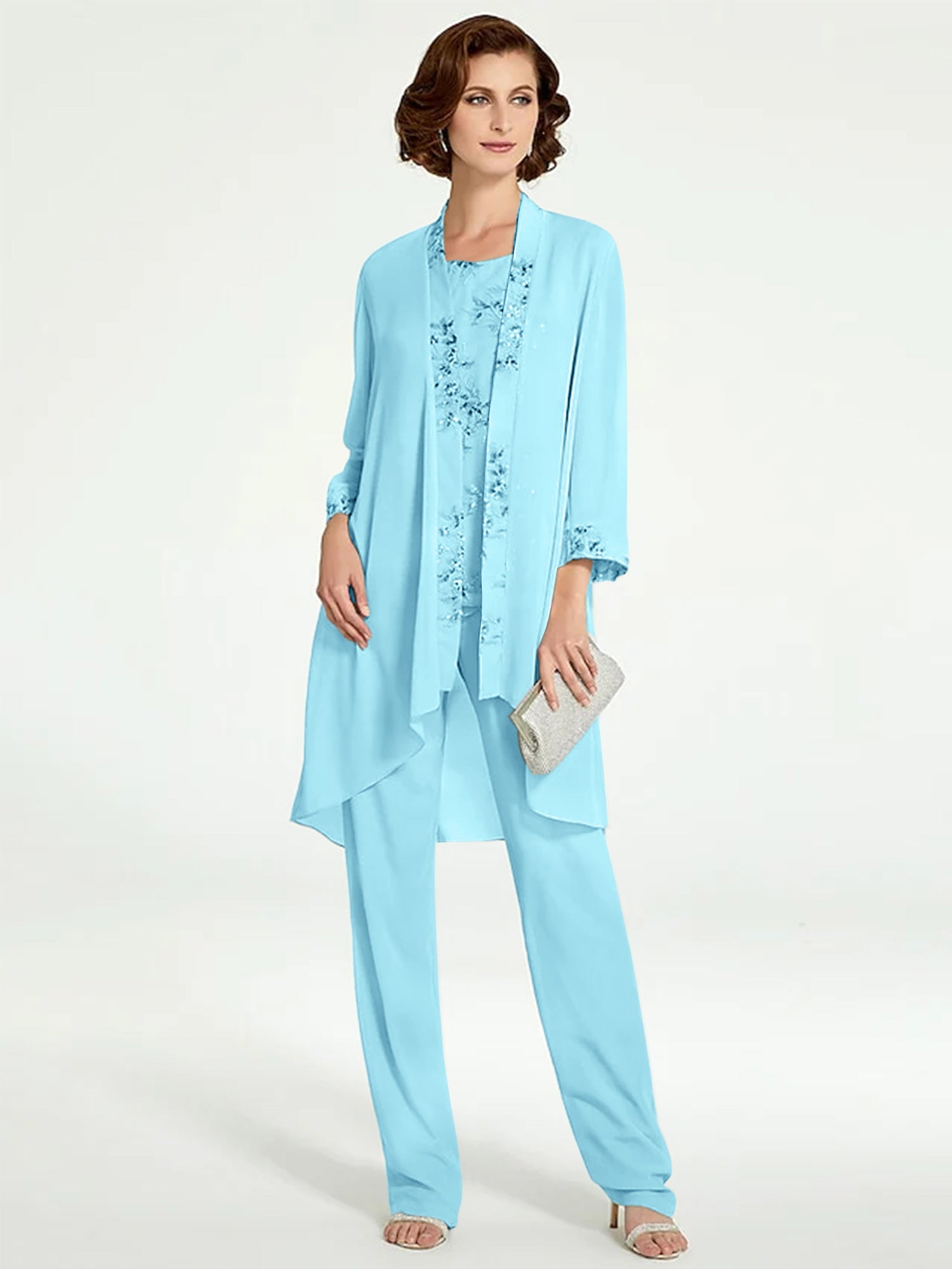 Chiffon Round Neck Floor Length Mother Of The Bride Pantsuits With Jacket