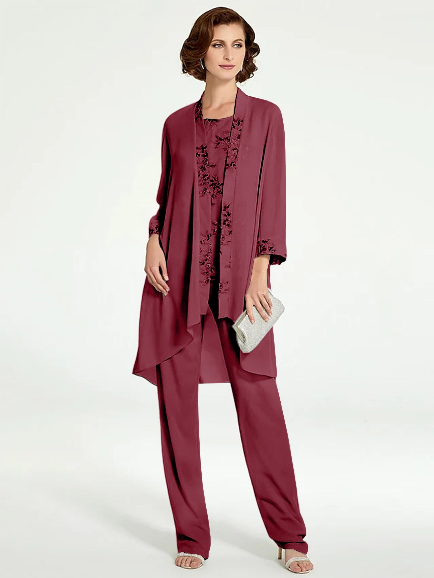 Chiffon Round Neck Floor Length Mother Of The Bride Pantsuits With Jacket