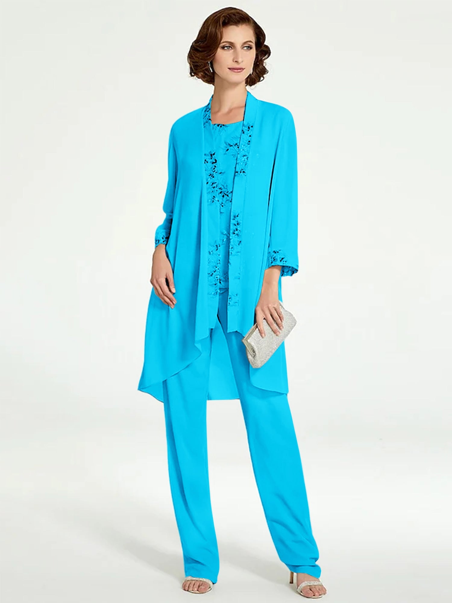 Chiffon Round Neck Floor Length Mother Of The Bride Pantsuits With Jacket