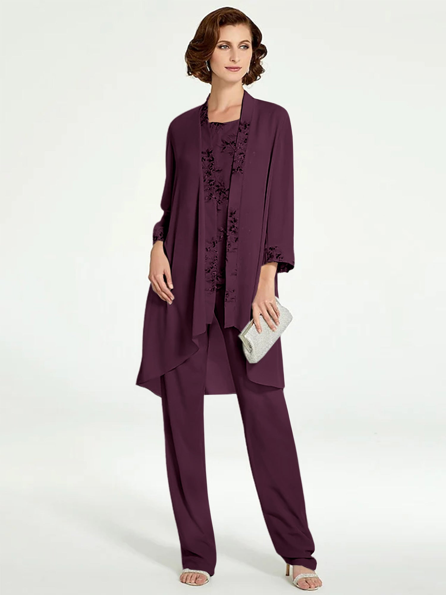 Chiffon Round Neck Floor Length Mother Of The Bride Pantsuits With Jacket