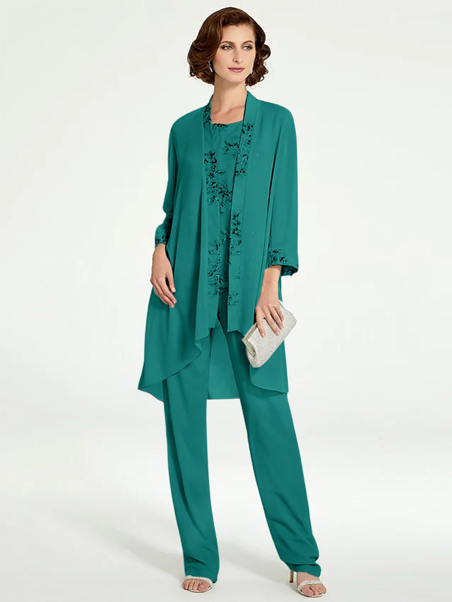 Chiffon Round Neck Floor Length Mother Of The Bride Pantsuits With Jacket