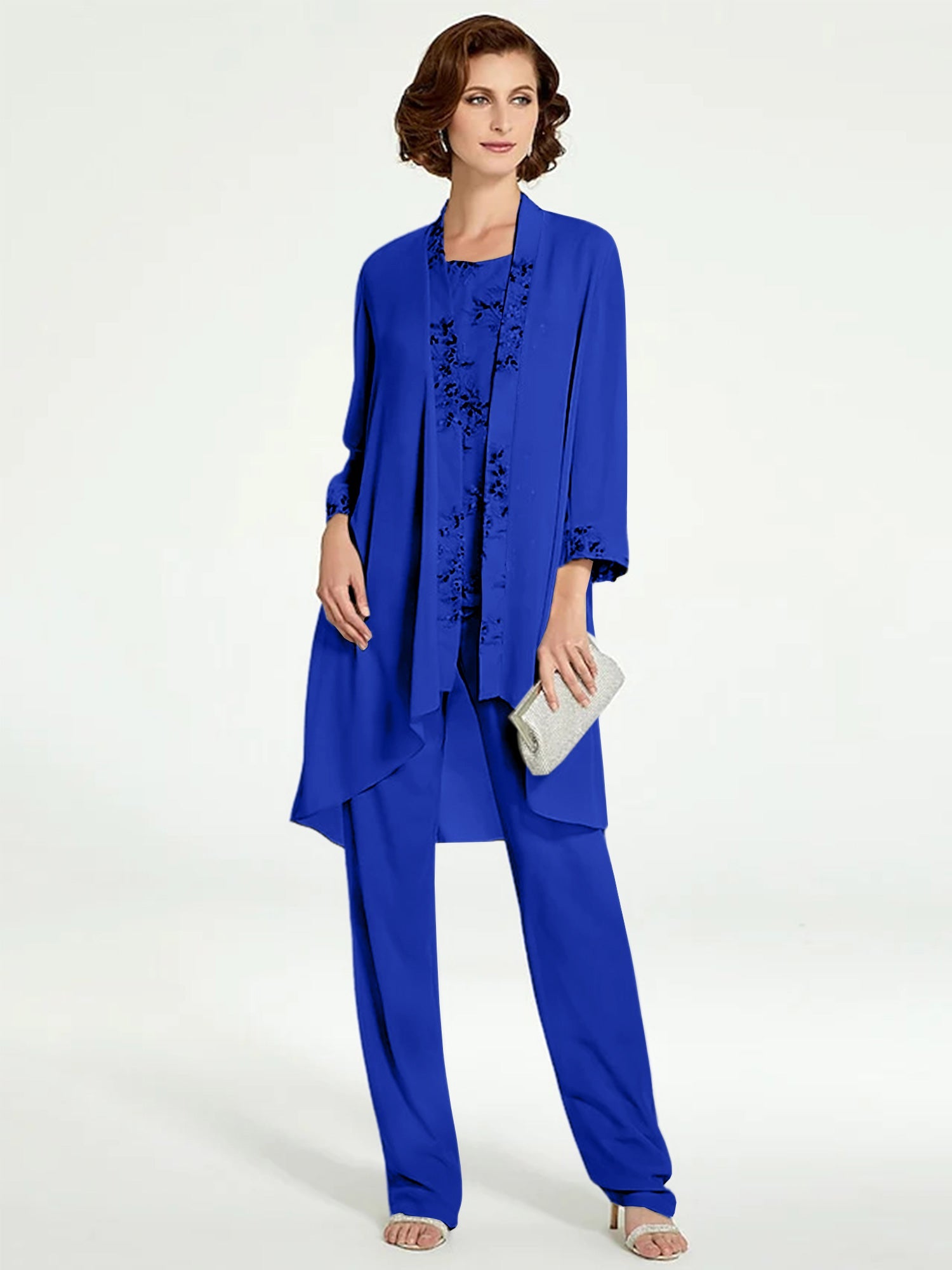 Chiffon Round Neck Floor Length Mother Of The Bride Pantsuits With Jacket