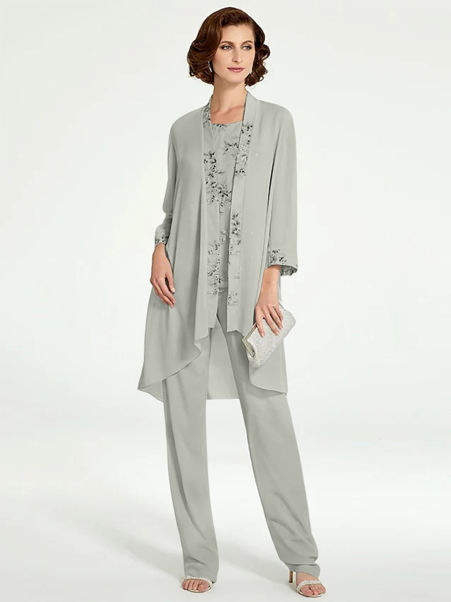Chiffon Round Neck Floor Length Mother Of The Bride Pantsuits With Jacket