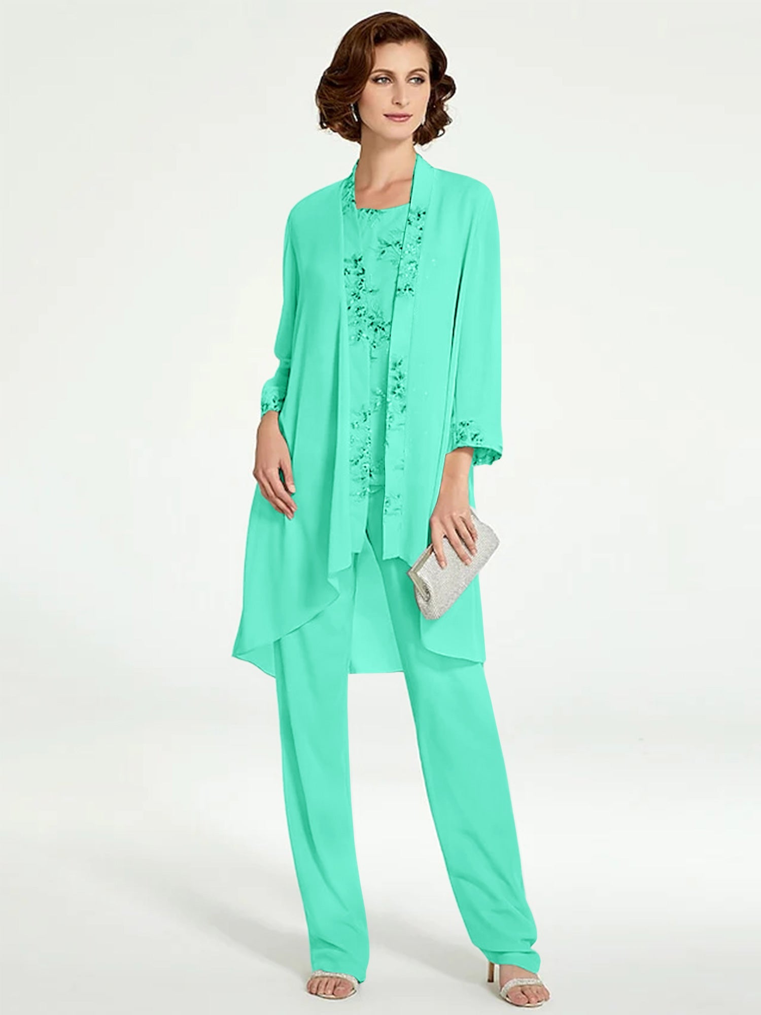 Chiffon Round Neck Floor Length Mother Of The Bride Pantsuits With Jacket