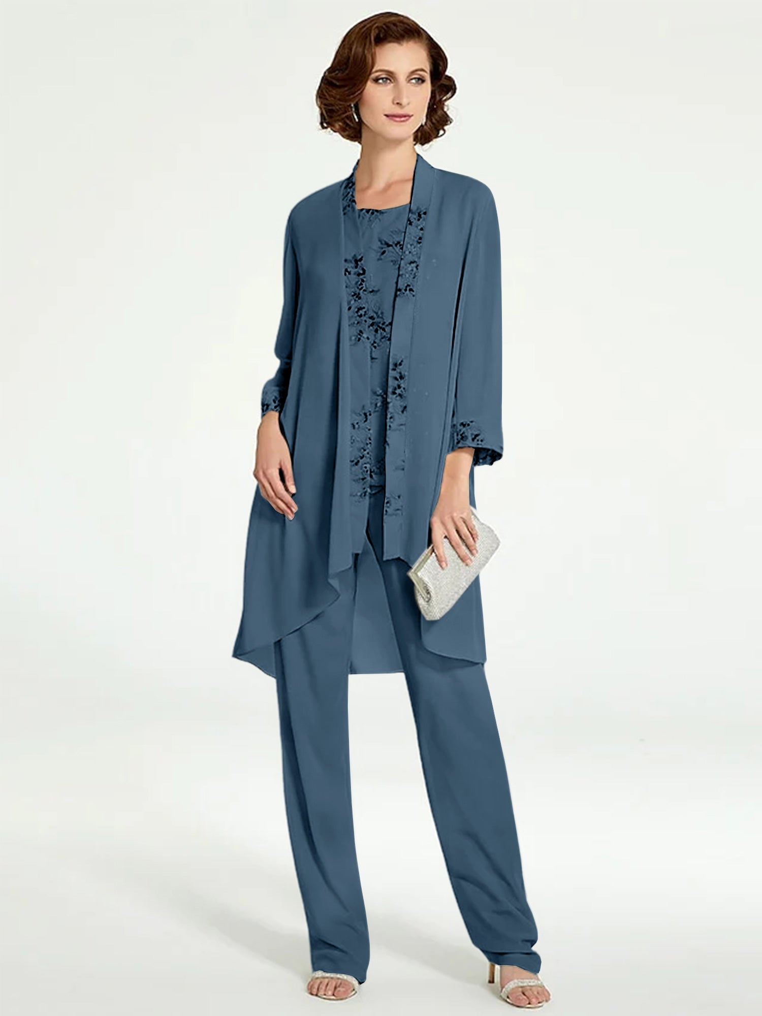 Chiffon Round Neck Floor Length Mother Of The Bride Pantsuits With Jacket