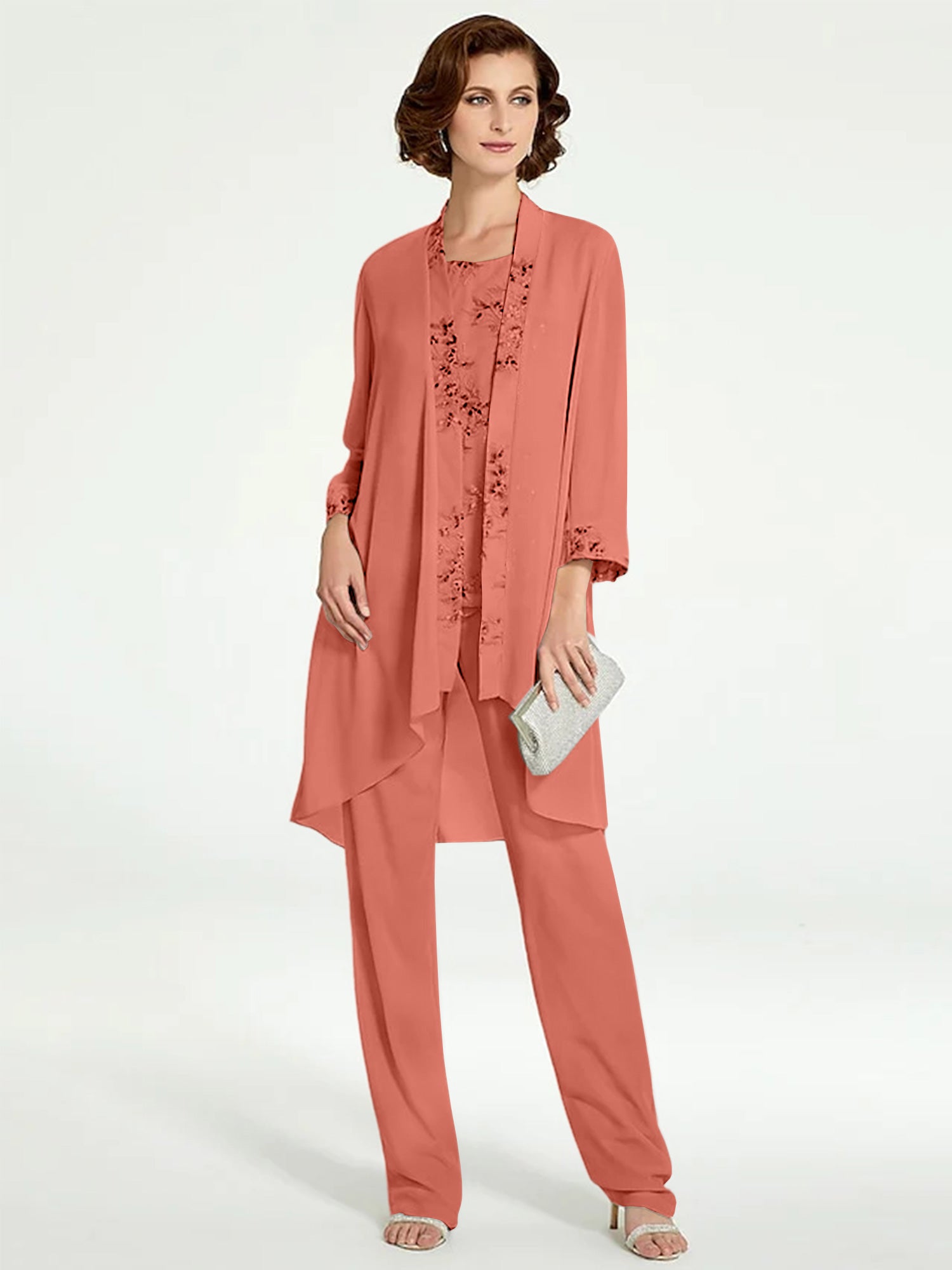 Chiffon Round Neck Floor Length Mother Of The Bride Pantsuits With Jacket
