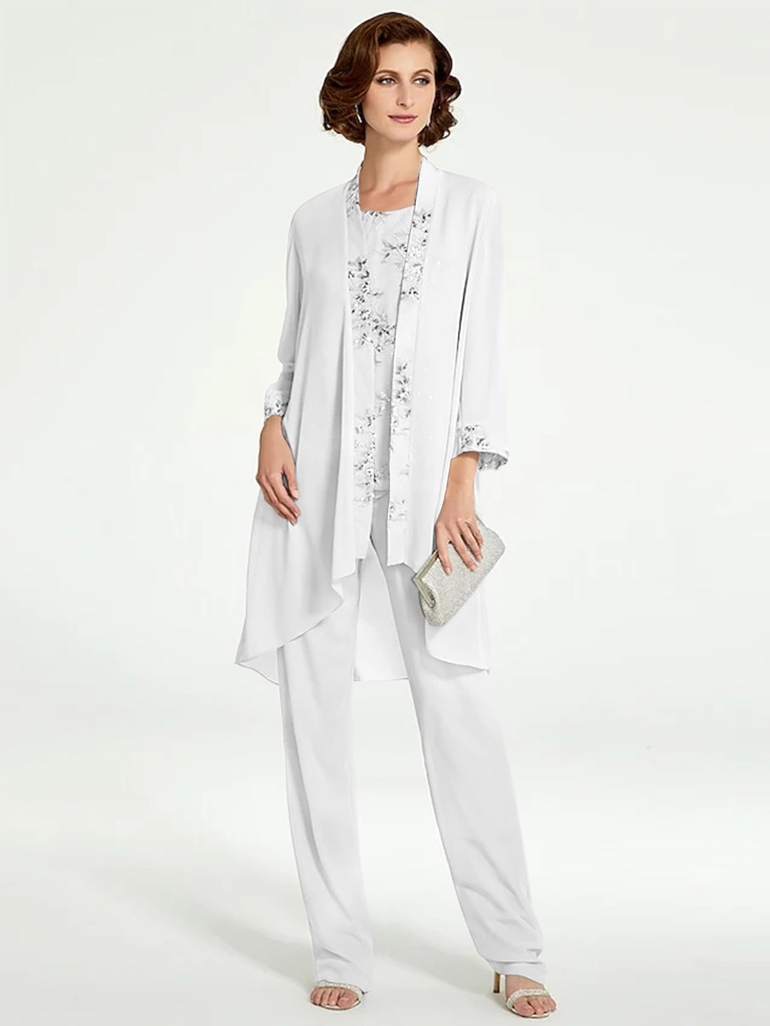 Chiffon Round Neck Floor Length Mother Of The Bride Pantsuits With Jacket