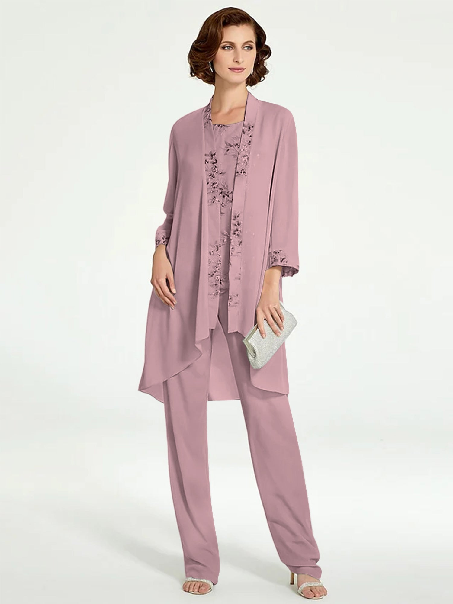 Chiffon Round Neck Floor Length Mother Of The Bride Pantsuits With Jacket