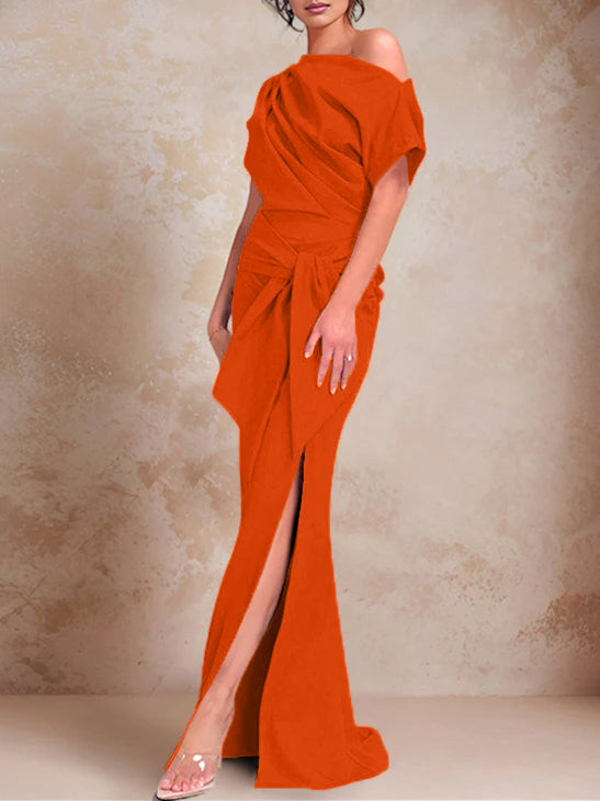 Trumpet Mermaid One Shoulder Short Sleeves Floor Length Mother Of The Bride Dresses With Ruffles Split Side