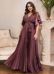 A Line Princess V Neck Short Sleeves Mother Of The Bride Dresses With Belt