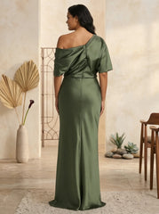 Sheath Column One Shoulder Floor Length Plus Size Mother Of The Bride Dresses With Ruffles