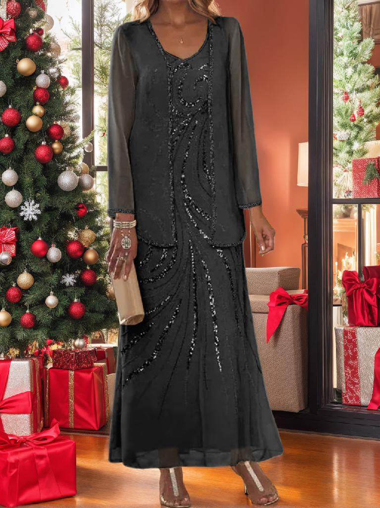 Sheath Column V Neck Ankle Length Mother Of The Bride Dresses With Jacket Sequins Beading