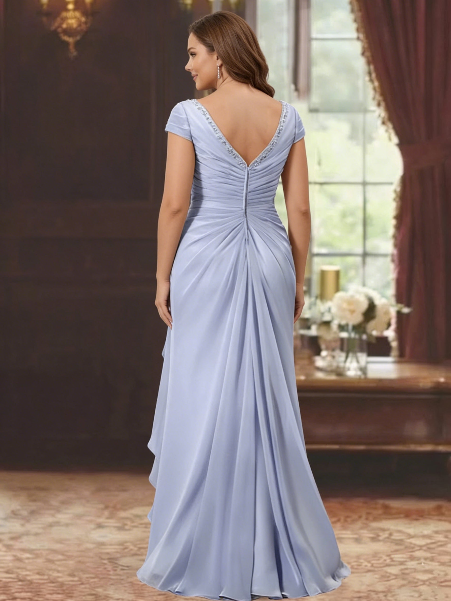 Sheath Column V Neck Short Sleeves Floor Length Plus Size Mother Of The Bride Dresses With Ruffles Appliques