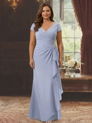 Sheath Column V Neck Short Sleeves Floor Length Plus Size Mother Of The Bride Dresses With Ruffles Appliques