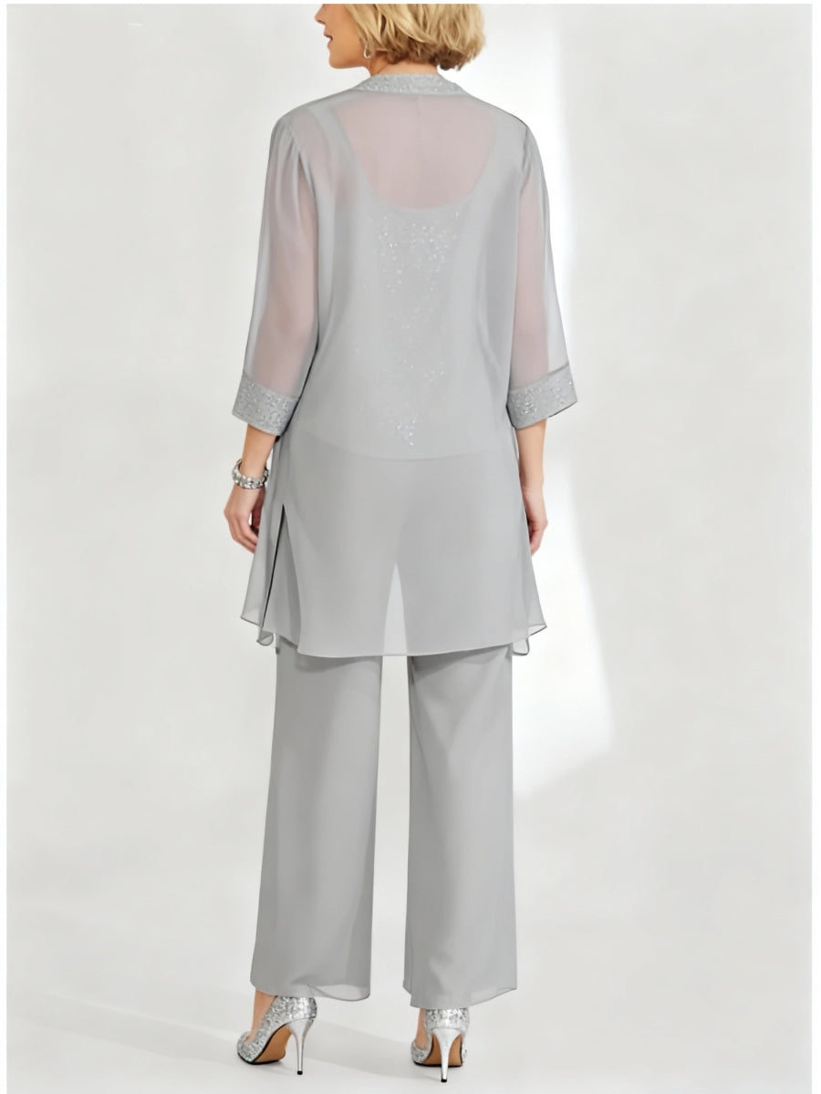 Chiffon Sequins Scoop Ankle Length Mother Of The Bride Pantsuits With Jacket