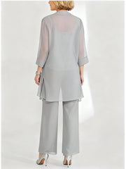 Chiffon Sequins Scoop Ankle Length Mother Of The Bride Pantsuits With Jacket