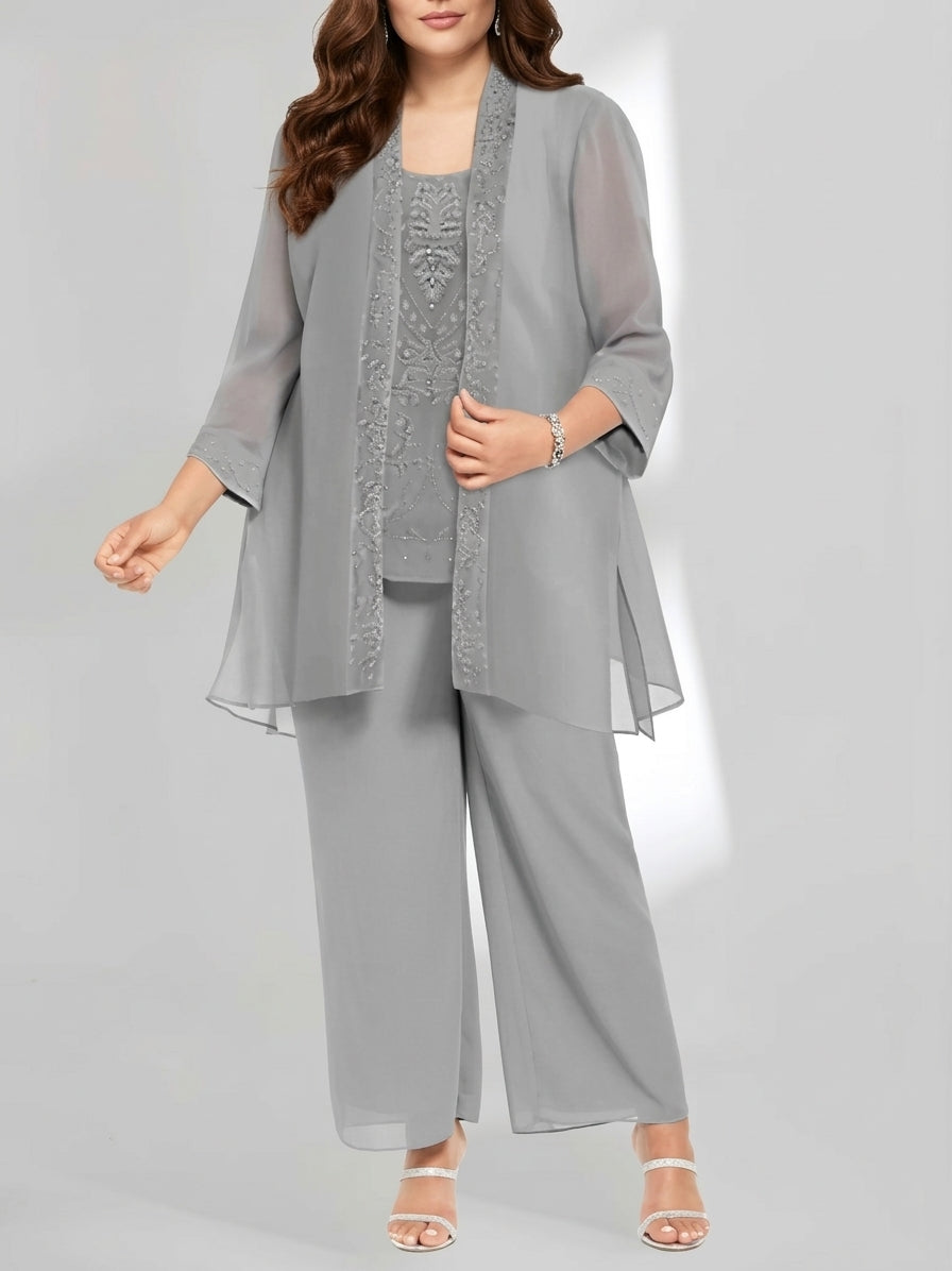 Chiffon Scoop Ankle-Length Plus Size Mother of the Bride Pantsuits with Jacket