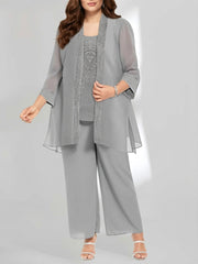 Chiffon Scoop Ankle Length Plus Size Mother Of The Bride Pantsuits With Jacket
