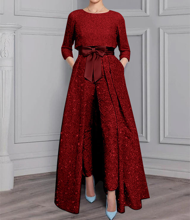 2 Pieces Scoop Long Sleeves Mother Of The Bride Pantsuits With Sash Sequins