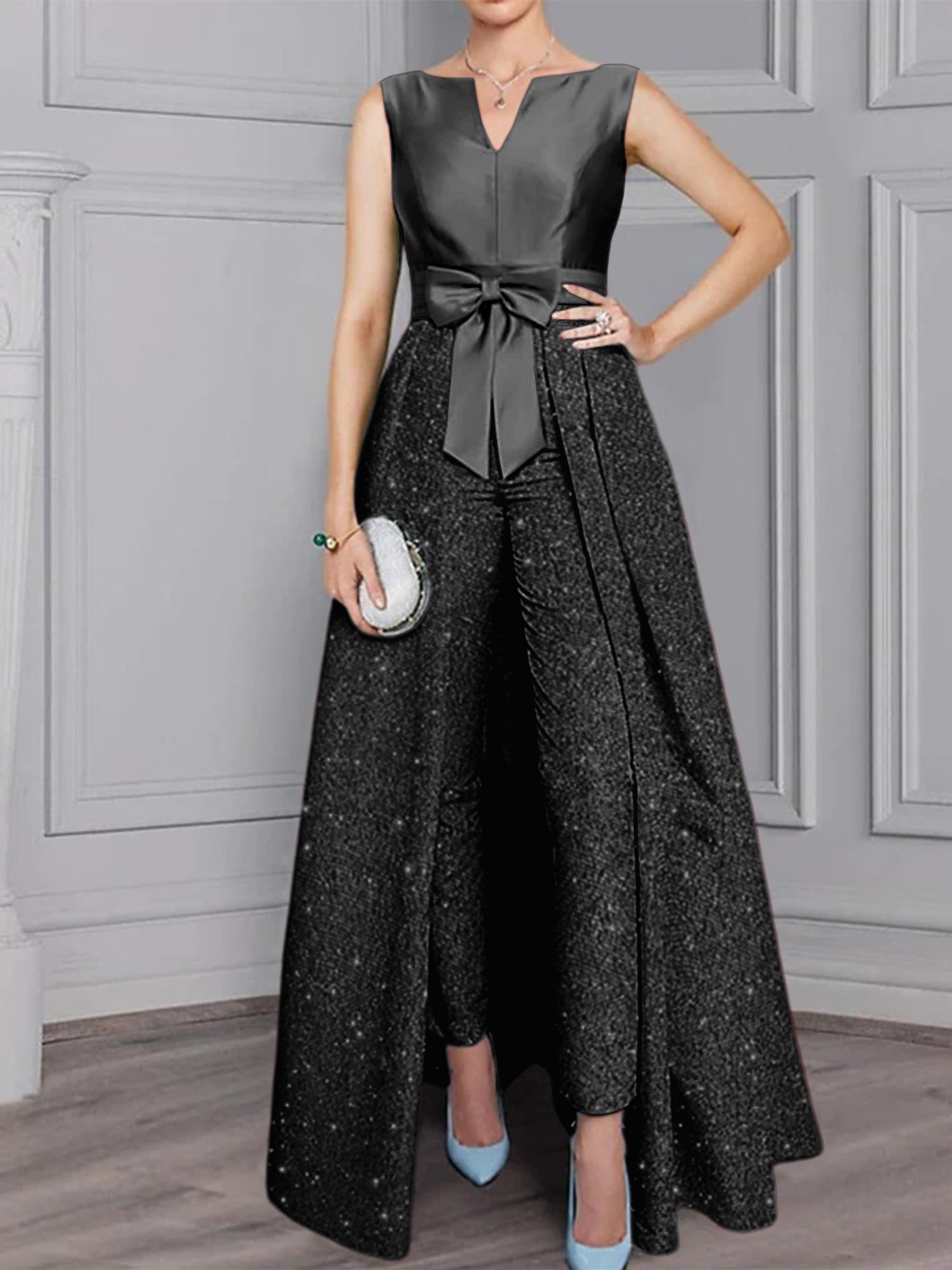 2 Pieces Scoop Long Sleeves Mother Of The Bride Pantsuits With Sash Sequins