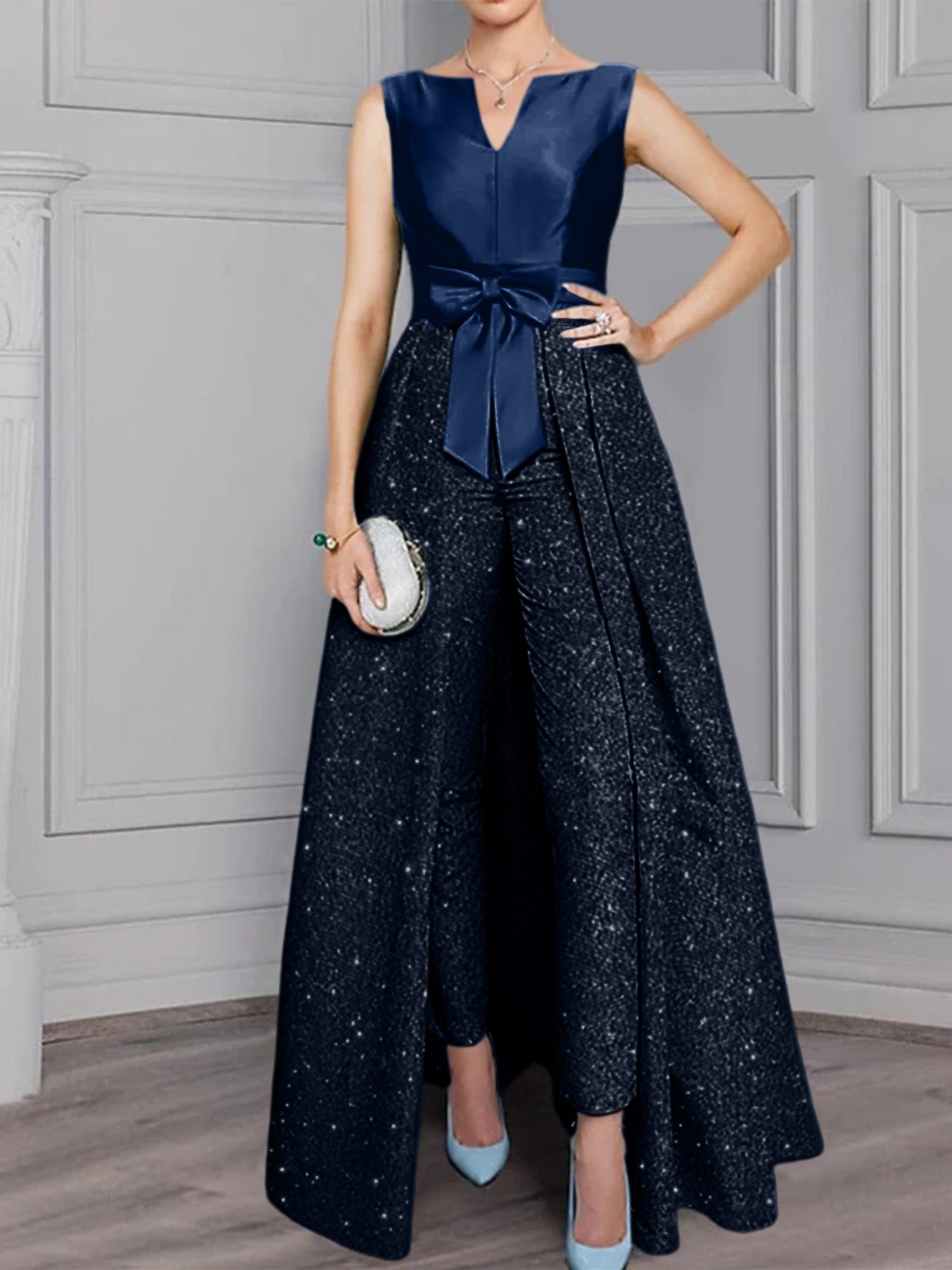 2 Pieces Scoop Long Sleeves Mother Of The Bride Pantsuits With Sash Sequins