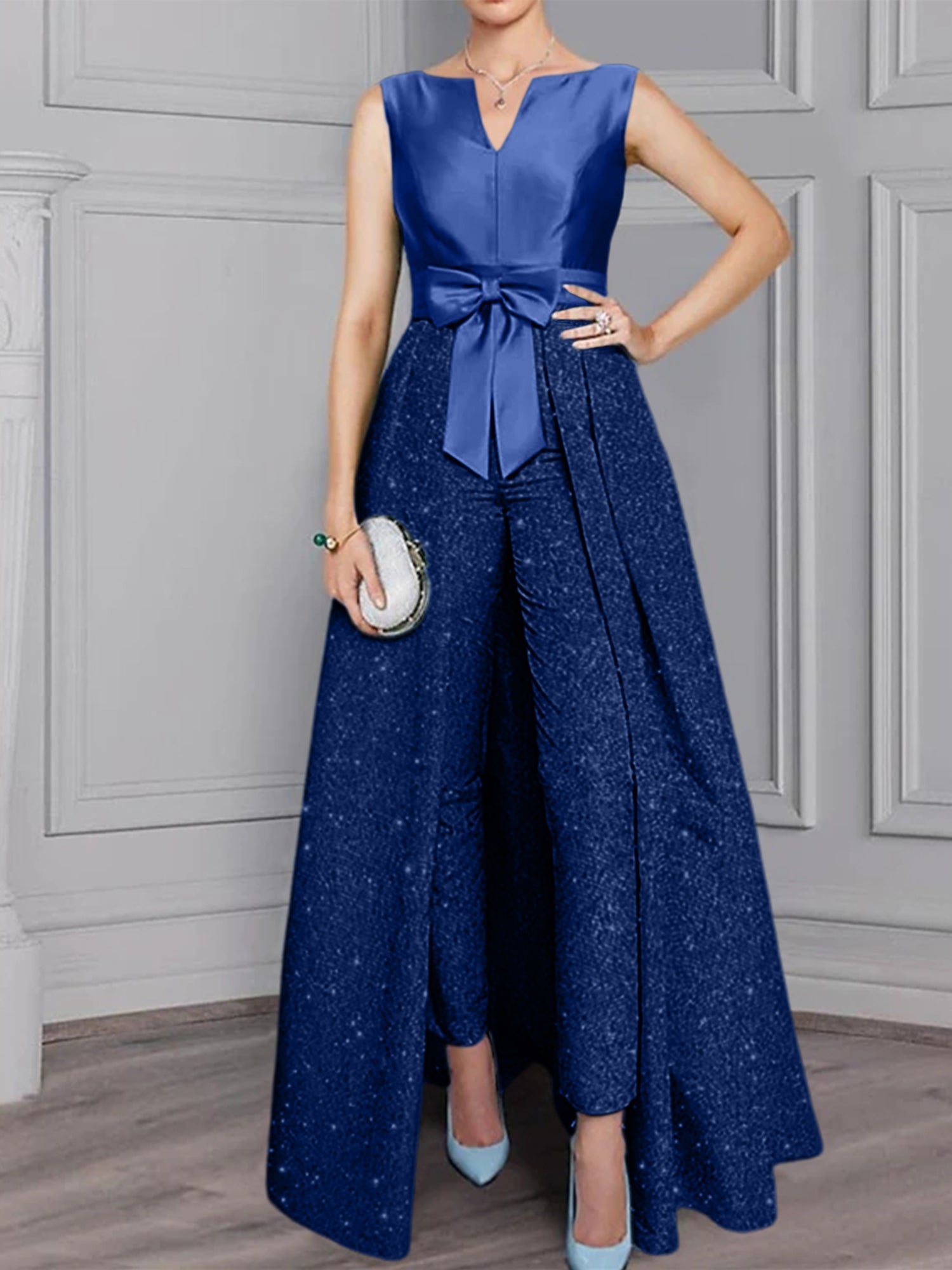 2 Pieces Scoop Long Sleeves Mother Of The Bride Pantsuits With Sash Sequins