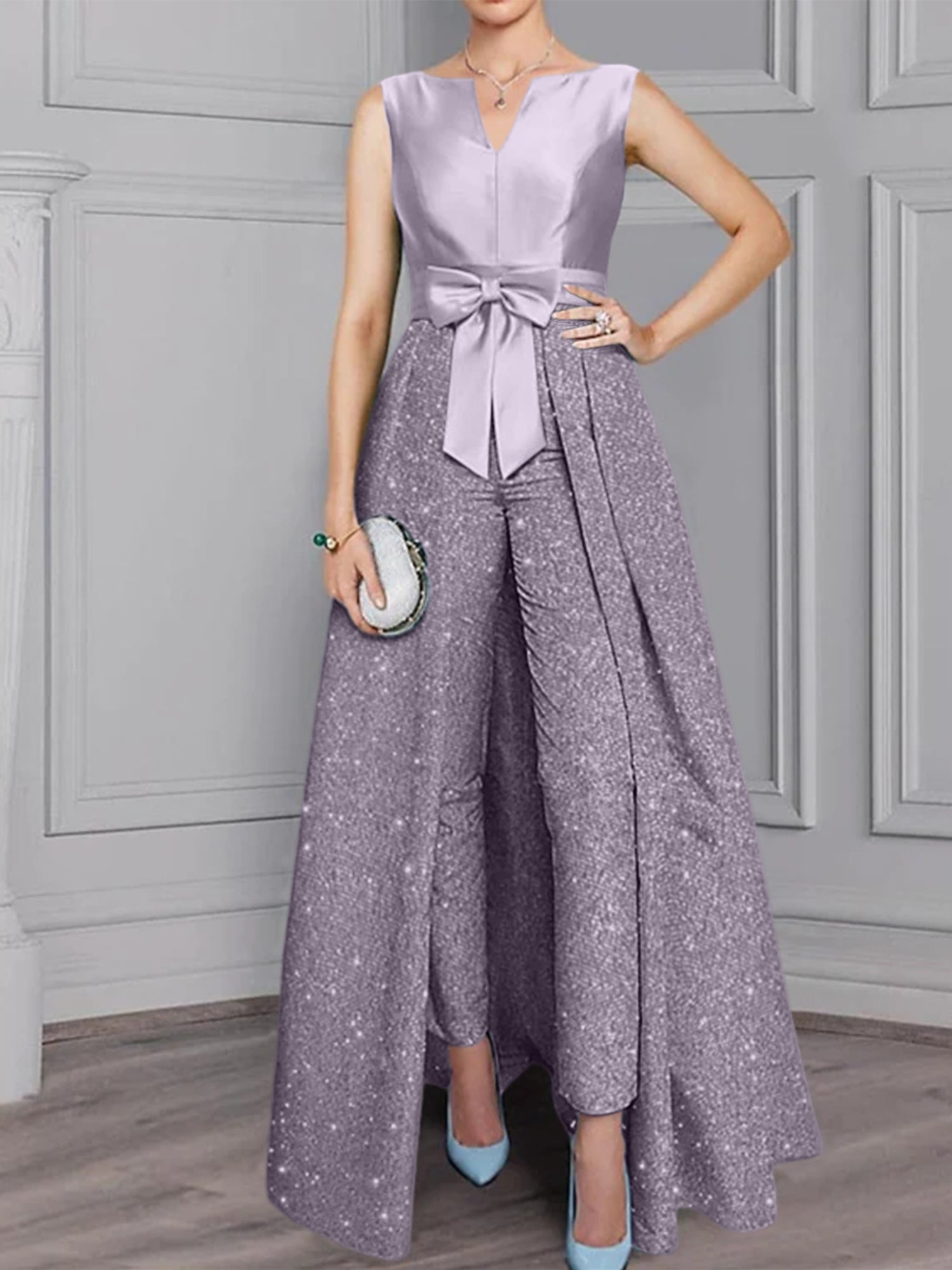 2 Pieces Scoop Long Sleeves Mother Of The Bride Pantsuits With Sash Sequins