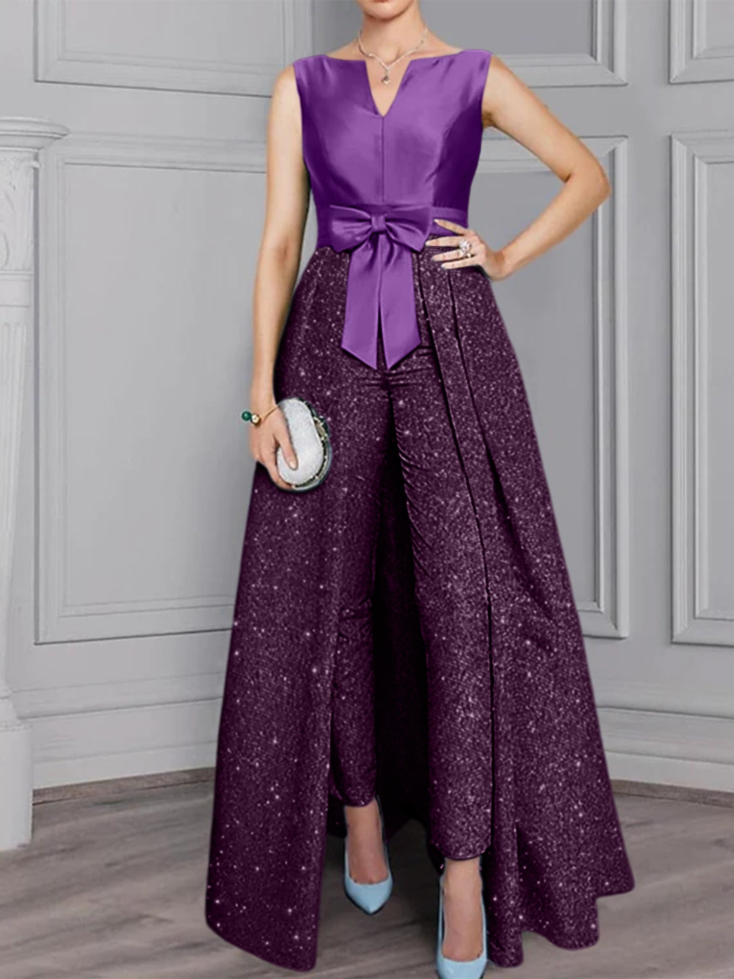2 Pieces Scoop Long Sleeves Mother Of The Bride Pantsuits With Sash Sequins