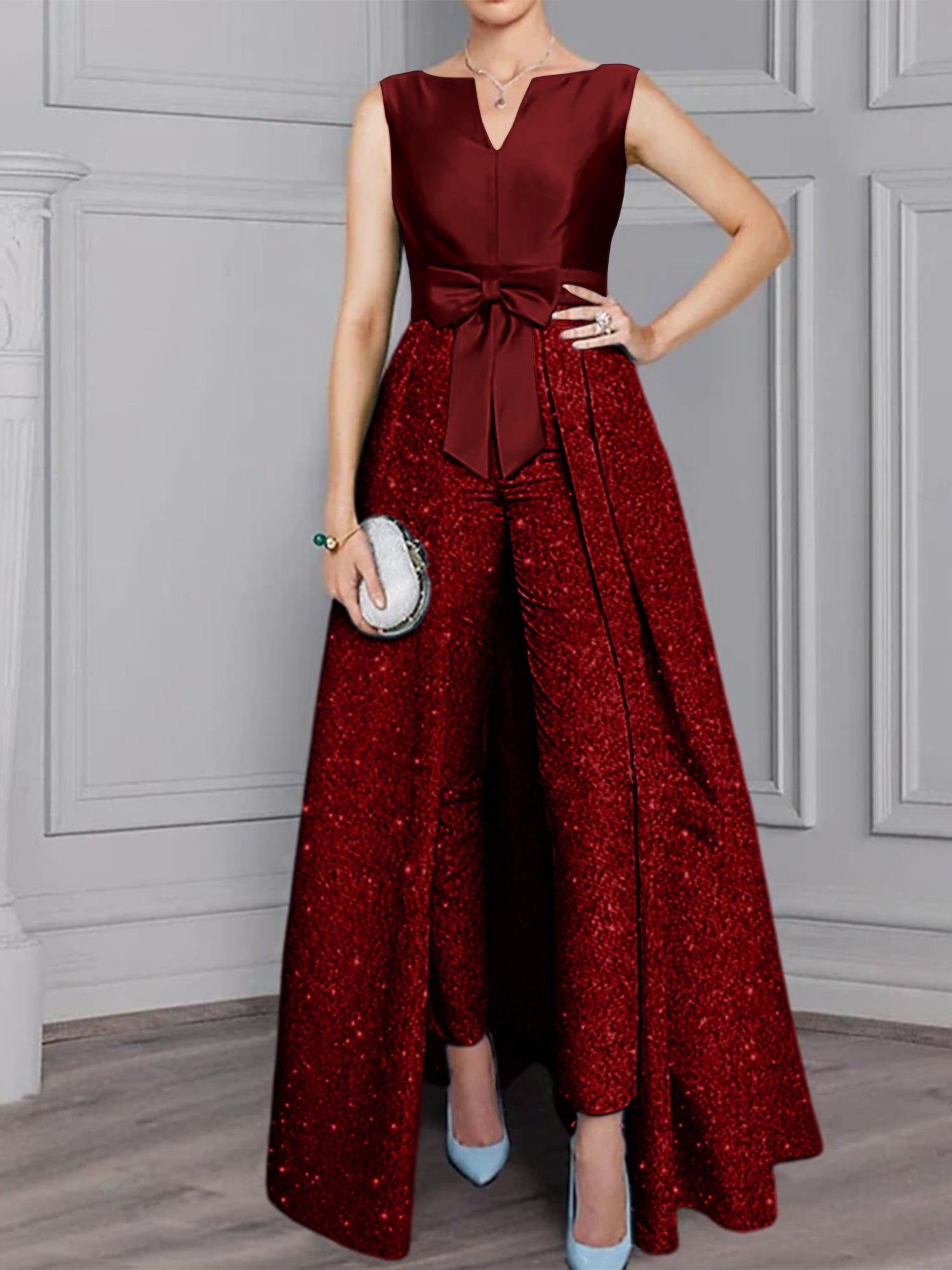 2 Pieces Scoop Long Sleeves Mother Of The Bride Pantsuits With Sash Sequins