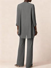 Chiffon Scoop Long Sleeves Floor Length Mother Of The Bride Pantsuits With Ruffles