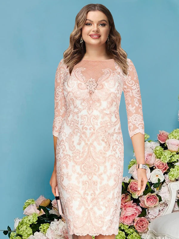 Sheath Column Scoop Long Sleeves Knee Length Mother Of The Bride Dresses With Lace Beading Appliques