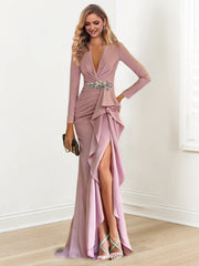 Sheath Column V Neck Long Sleeves Floor Length Mother Of The Bride Dresses With Crepe Beading