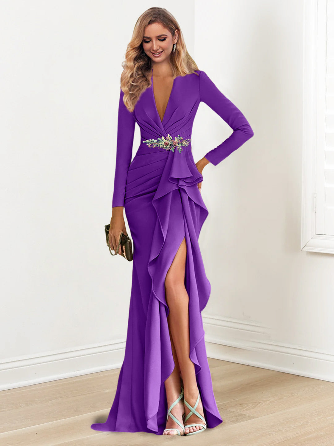 Sheath Column V Neck Long Sleeves Floor Length Mother Of The Bride Dresses With Crepe Beading