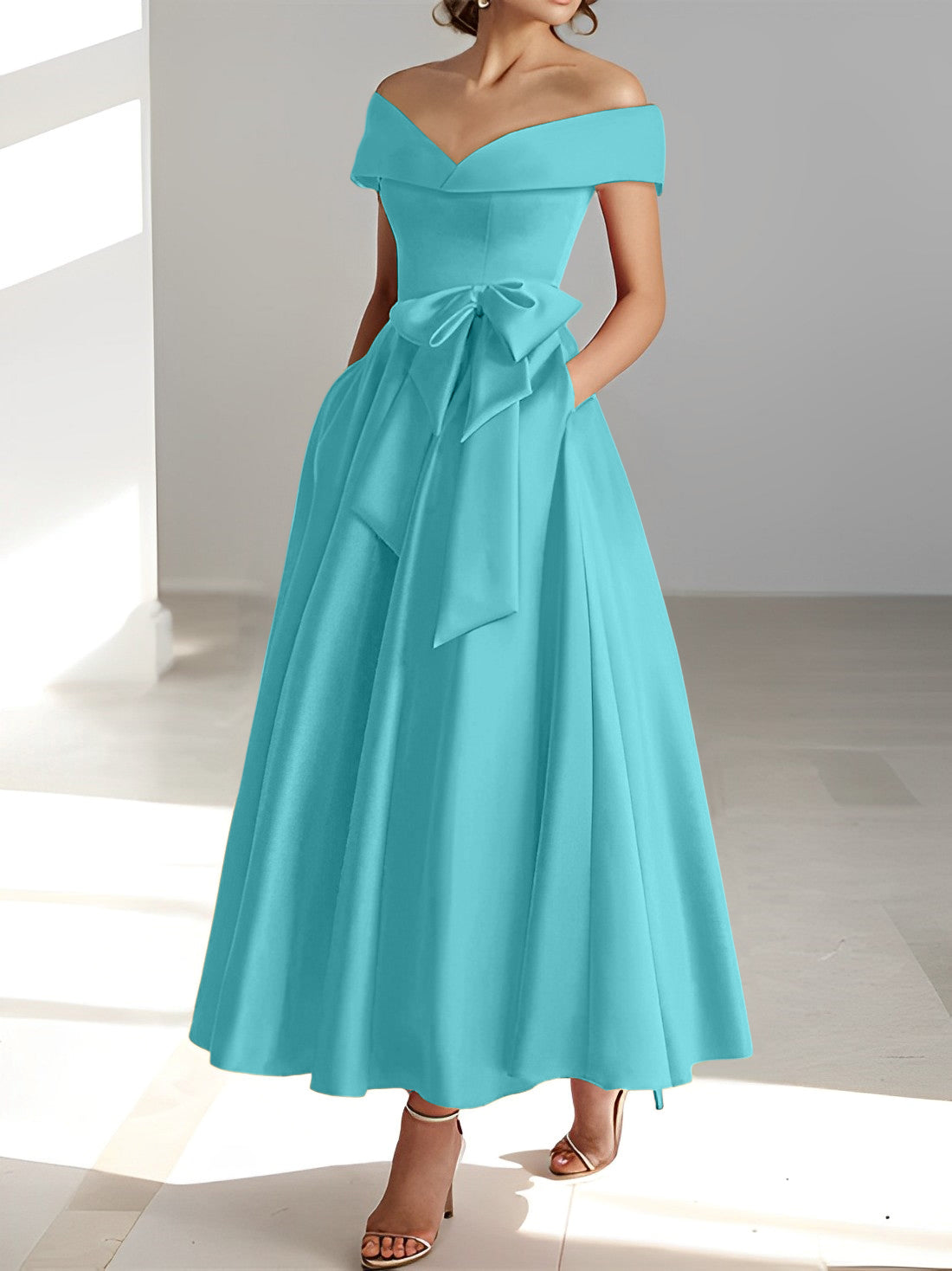 A Line Princess Off The Shoulder Sleeveless Ankle Length Mother Of The Bride Dresses With Pockets