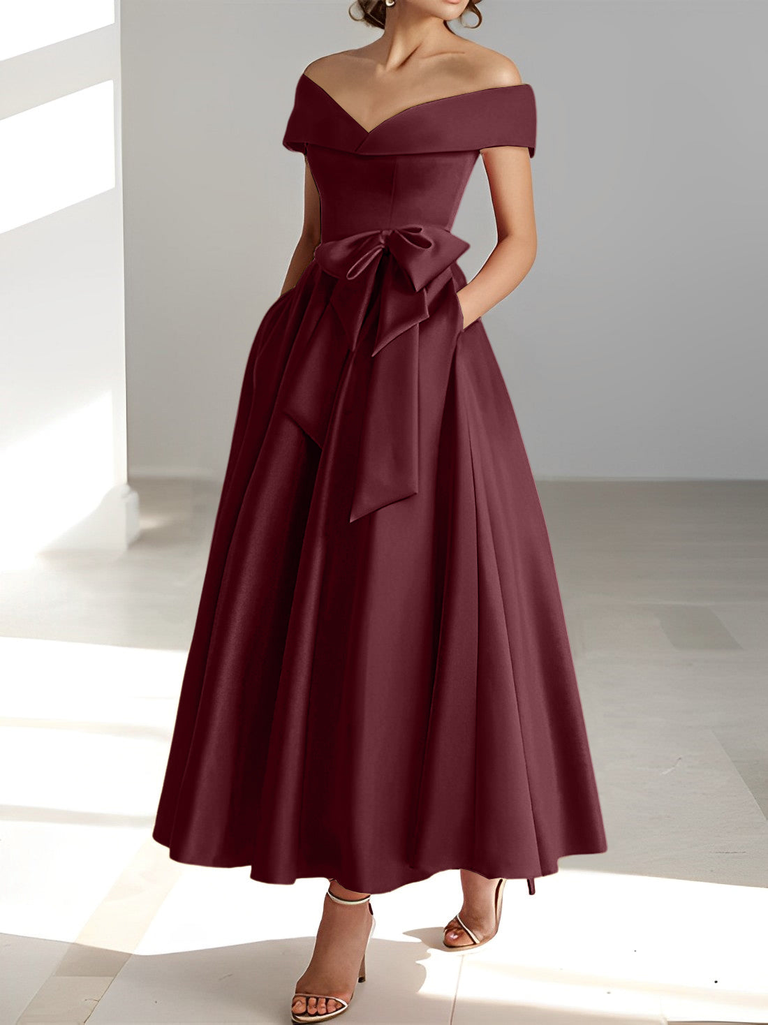 A Line Princess Off The Shoulder Sleeveless Ankle Length Mother Of The Bride Dresses With Pockets