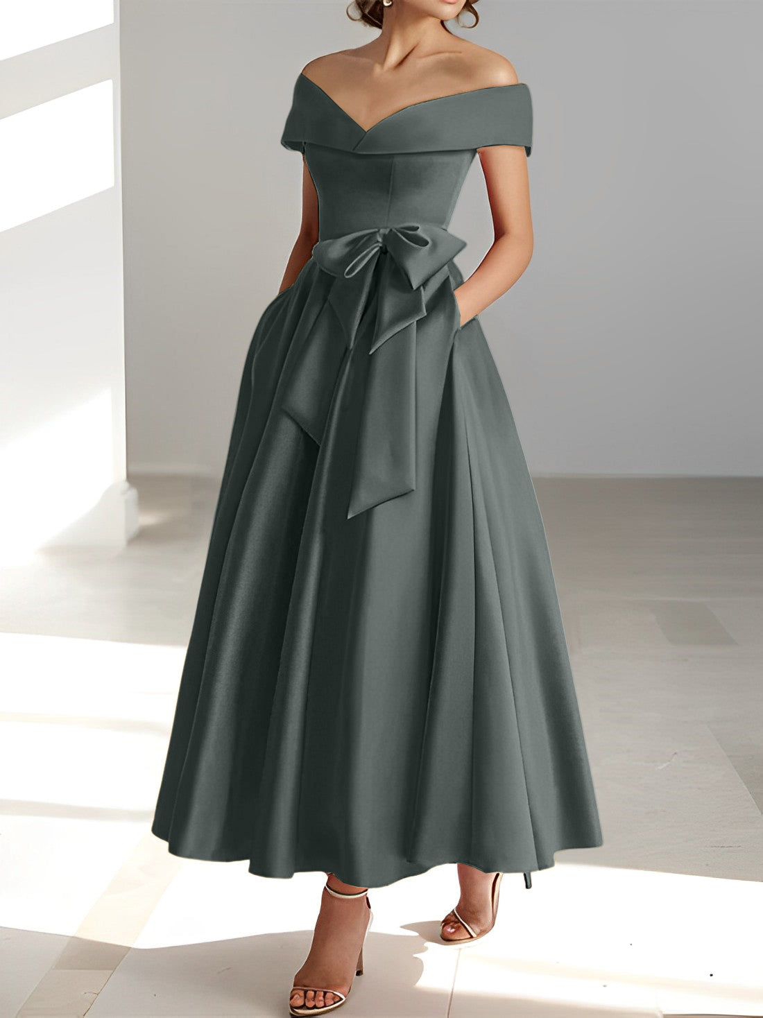 A Line Princess Off The Shoulder Sleeveless Ankle Length Mother Of The Bride Dresses With Pockets