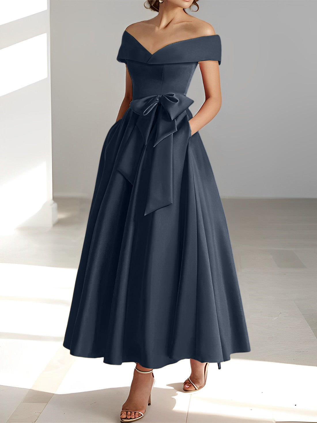 A Line Princess Off The Shoulder Sleeveless Ankle Length Mother Of The Bride Dresses With Pockets