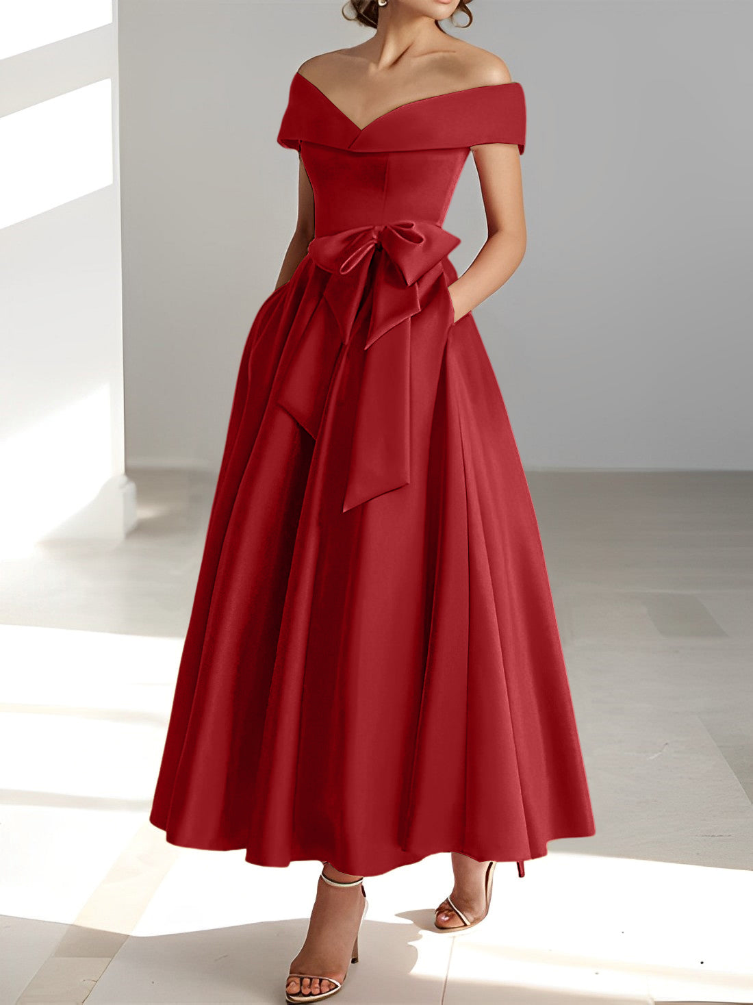 A Line Princess Off The Shoulder Sleeveless Ankle Length Mother Of The Bride Dresses With Pockets