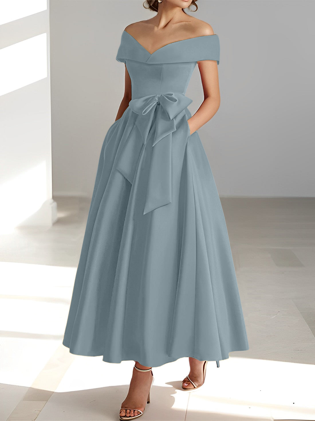 A Line Princess Off The Shoulder Sleeveless Ankle Length Mother Of The Bride Dresses With Pockets