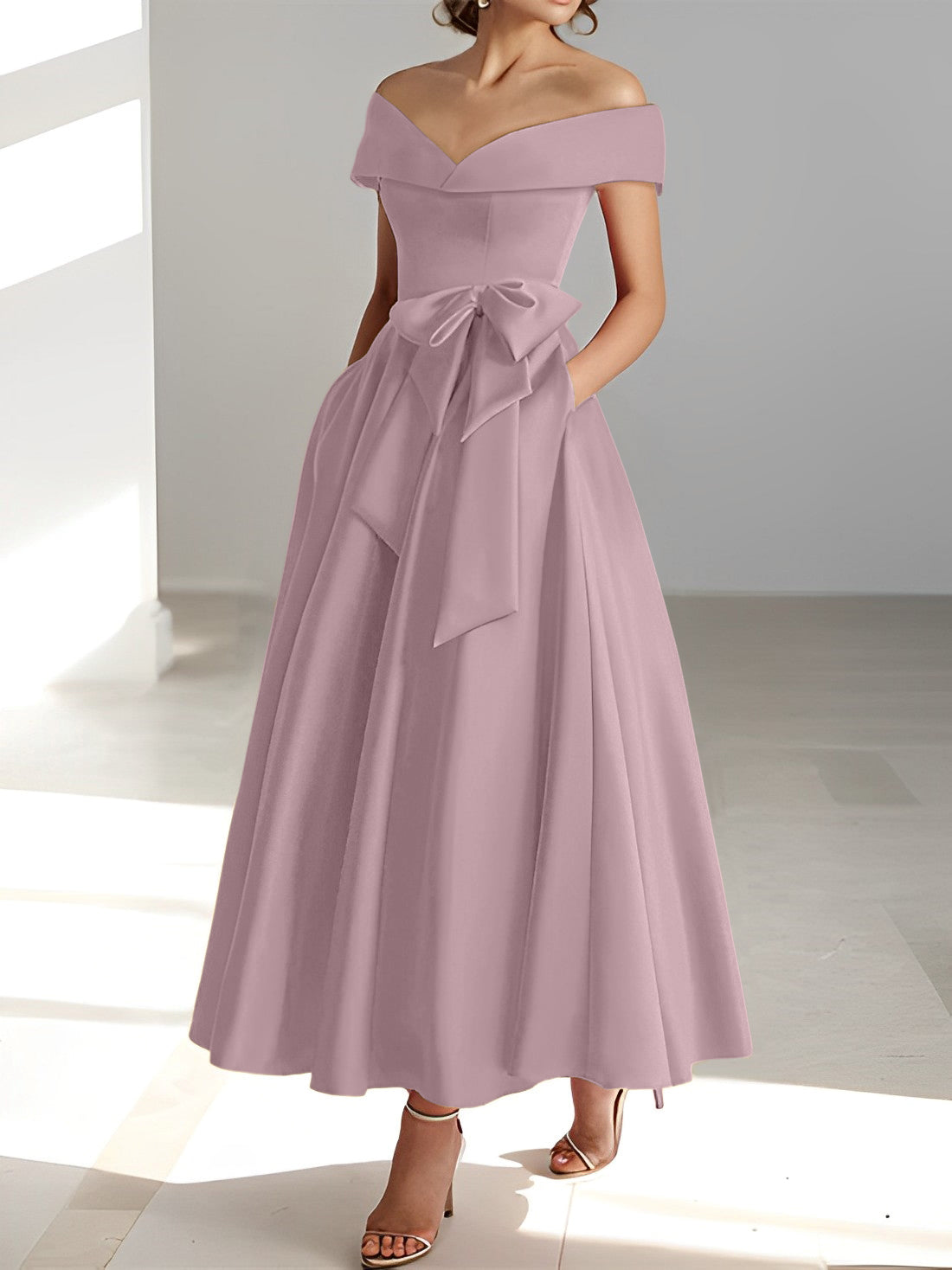 A Line Princess Off The Shoulder Sleeveless Ankle Length Mother Of The Bride Dresses With Pockets