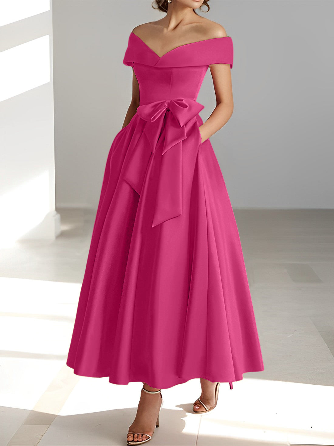 A Line Princess Off The Shoulder Sleeveless Ankle Length Mother Of The Bride Dresses With Pockets