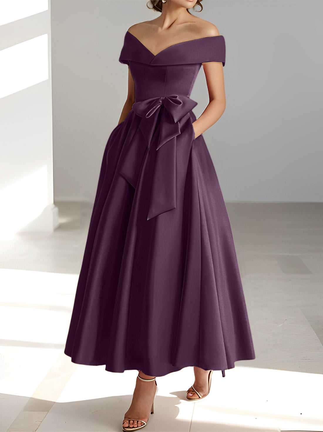 A Line Princess Off The Shoulder Sleeveless Ankle Length Mother Of The Bride Dresses With Pockets