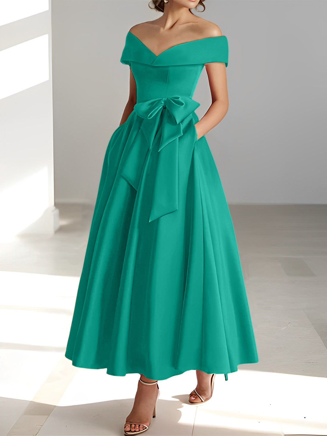 A Line Princess Off The Shoulder Sleeveless Ankle Length Mother Of The Bride Dresses With Pockets