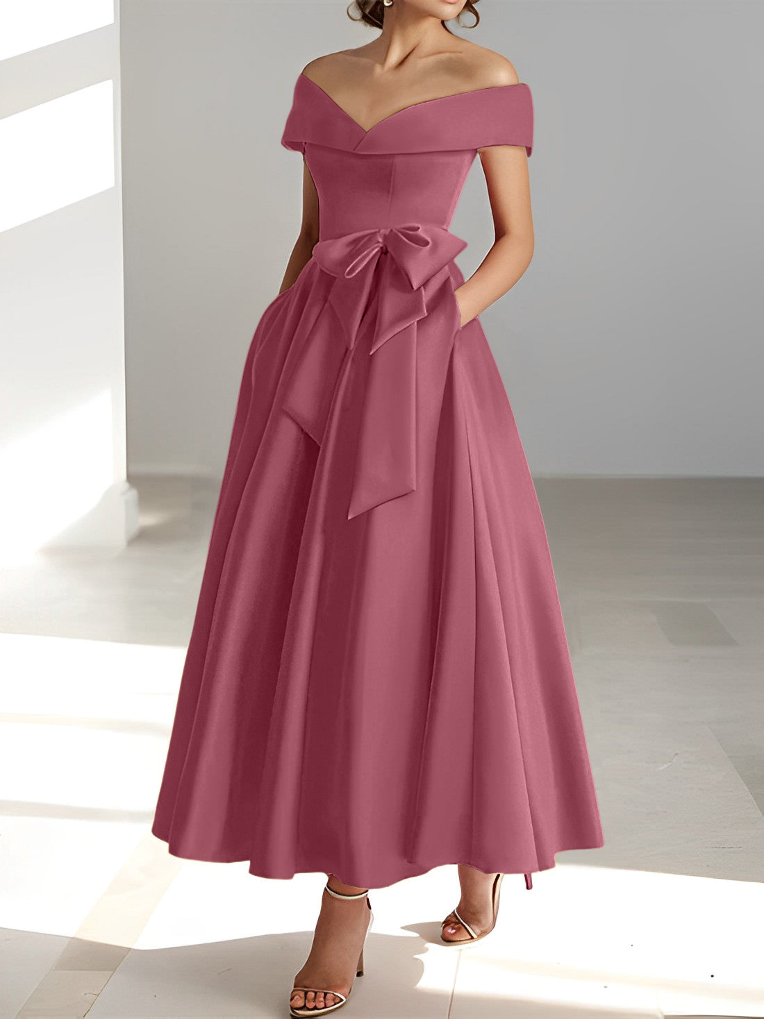 A Line Princess Off The Shoulder Sleeveless Ankle Length Mother Of The Bride Dresses With Pockets