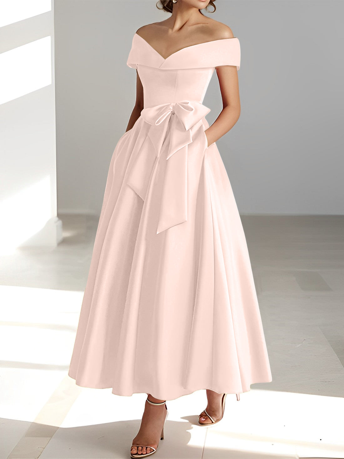 A Line Princess Off The Shoulder Sleeveless Ankle Length Mother Of The Bride Dresses With Pockets