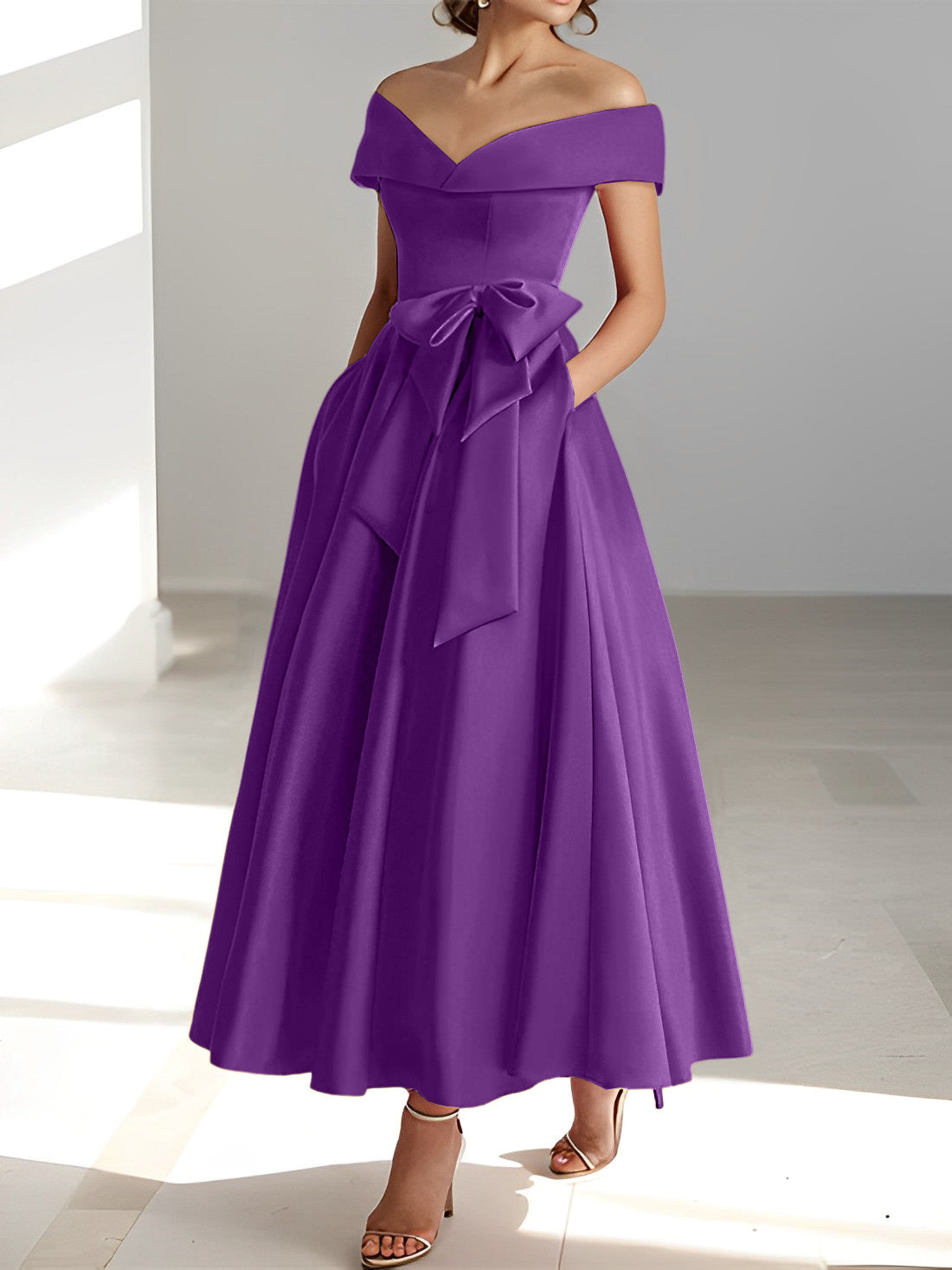 A Line Princess Off The Shoulder Sleeveless Ankle Length Mother Of The Bride Dresses With Pockets
