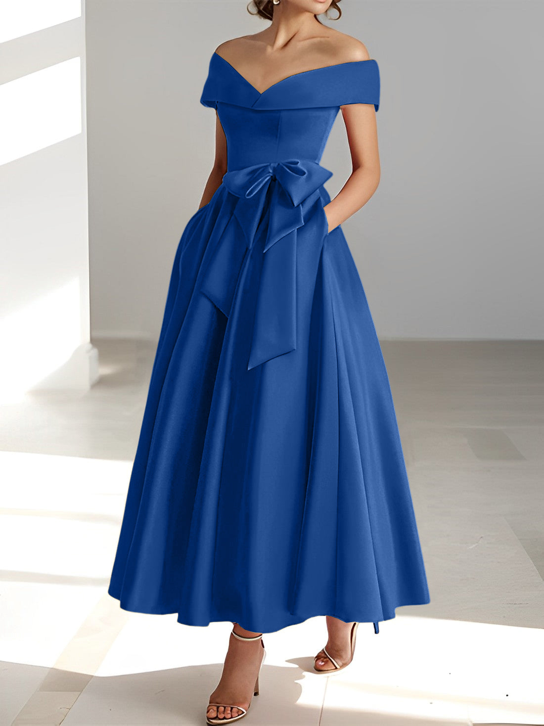 A Line Princess Off The Shoulder Sleeveless Ankle Length Mother Of The Bride Dresses With Pockets