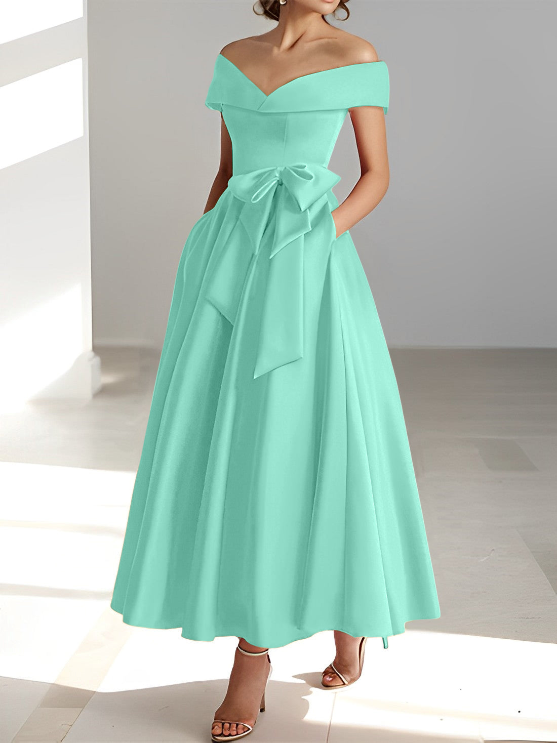 A Line Princess Off The Shoulder Sleeveless Ankle Length Mother Of The Bride Dresses With Pockets