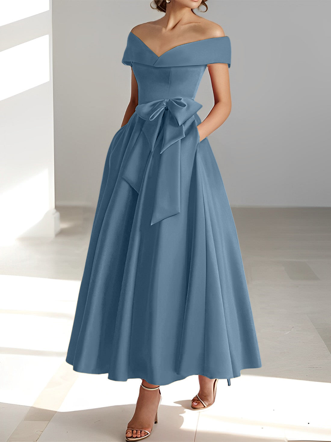 A Line Princess Off The Shoulder Sleeveless Ankle Length Mother Of The Bride Dresses With Pockets
