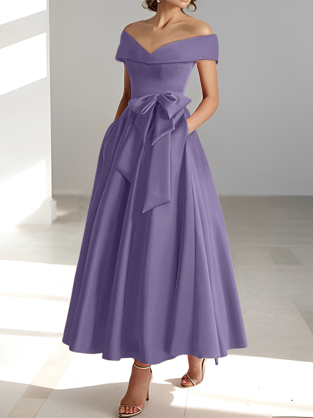 A Line Princess Off The Shoulder Sleeveless Ankle Length Mother Of The Bride Dresses With Pockets